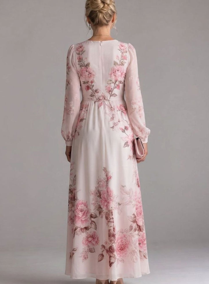 Women's Floral Chiffon Long Sleeve V-Neck Maxi Dress