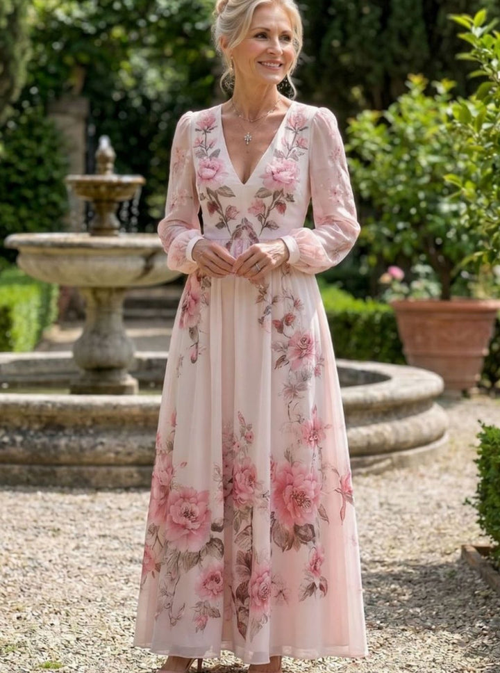 Women's Floral Chiffon Long Sleeve V-Neck Maxi Dress