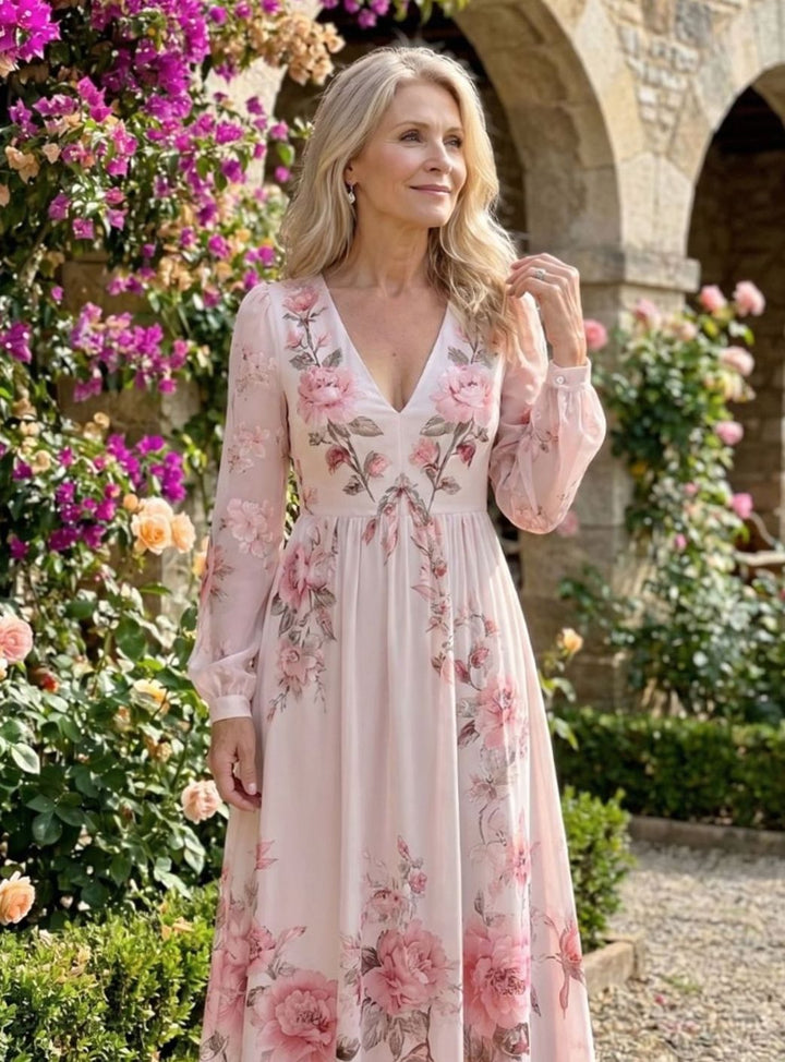 Women's Floral Chiffon Long Sleeve V-Neck Maxi Dress