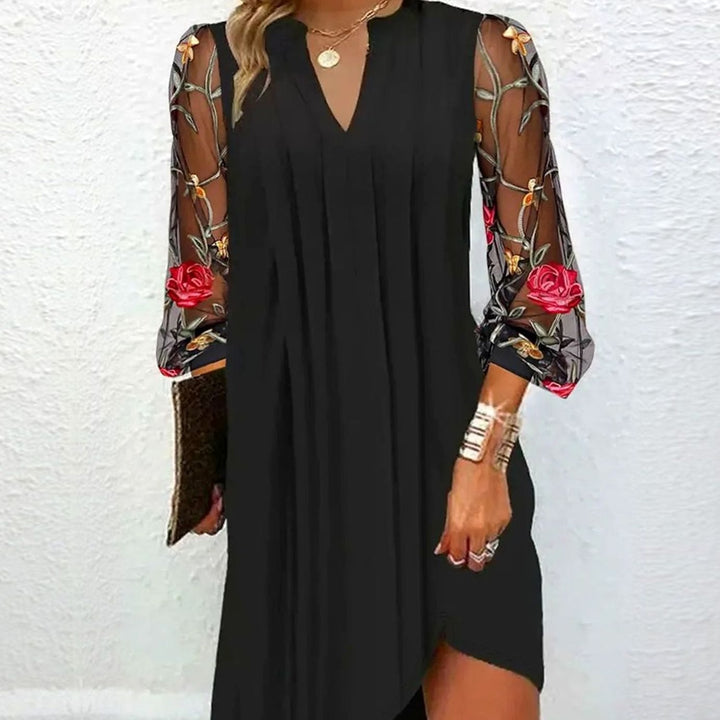Women's Floral Embroidered Mesh Long Sleeve V-Neck Dress - Black