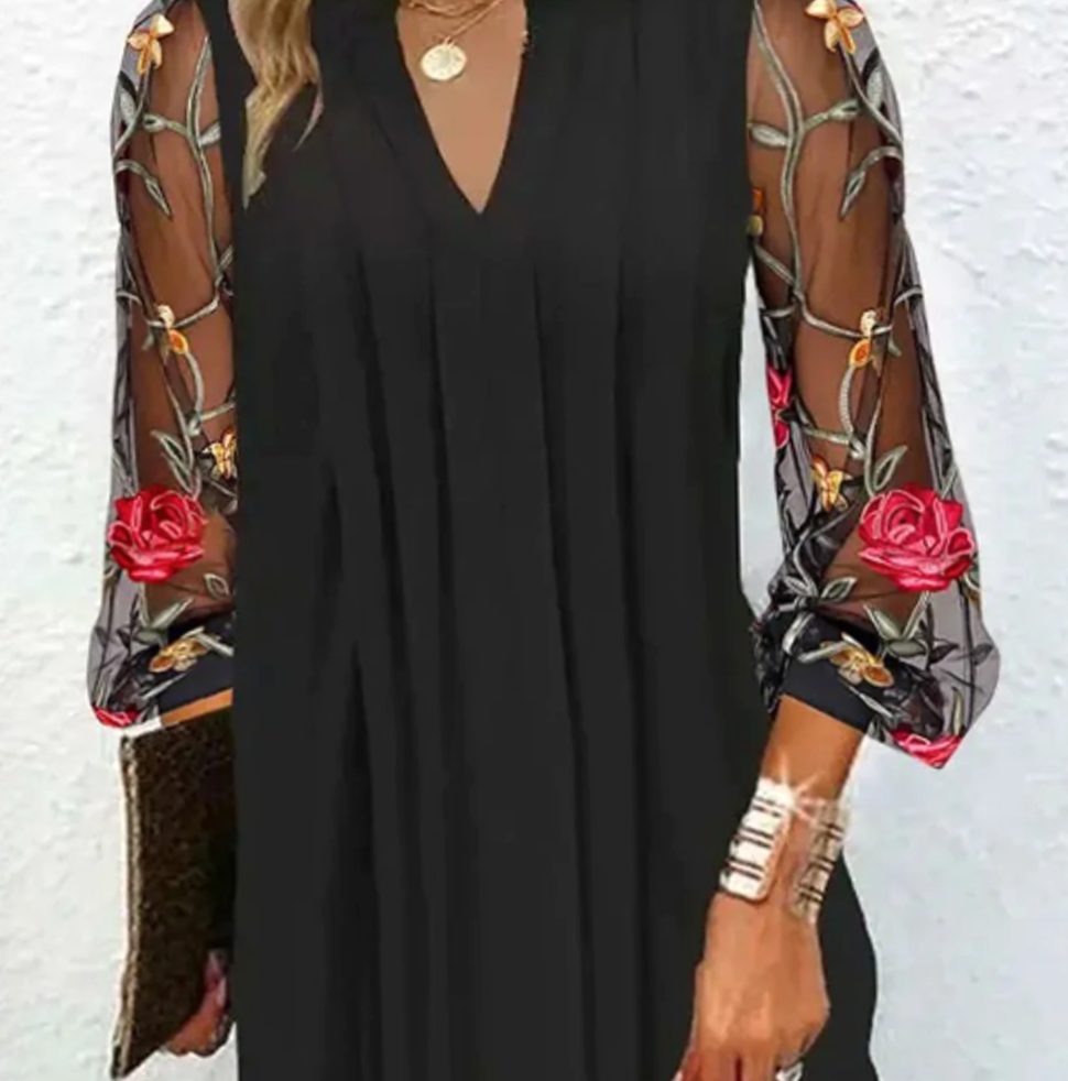 Women's Floral Embroidered Mesh Long Sleeve V-Neck Dress