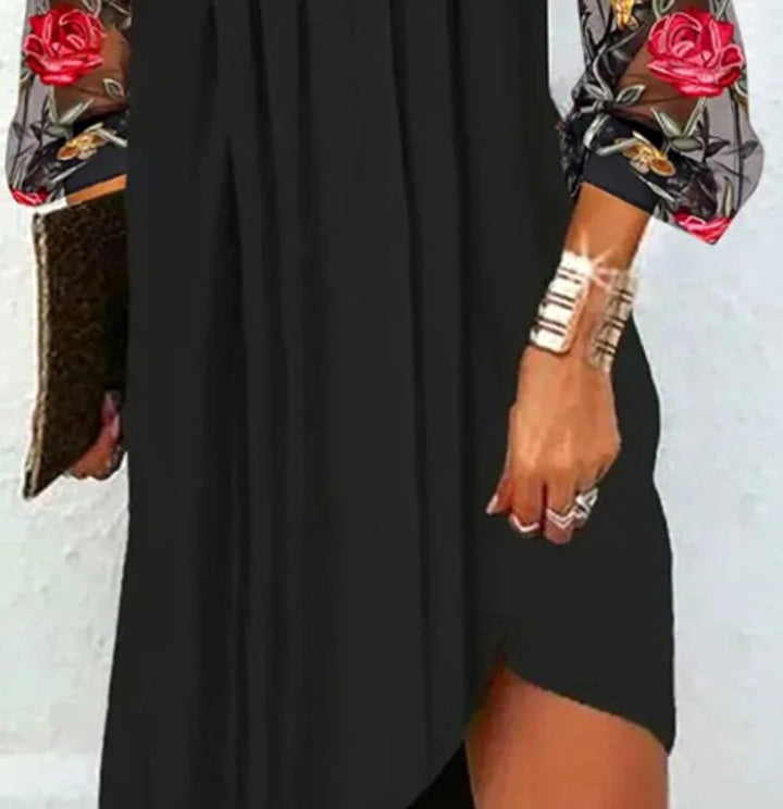 Women's Floral Embroidered Mesh Long Sleeve V-Neck Dress