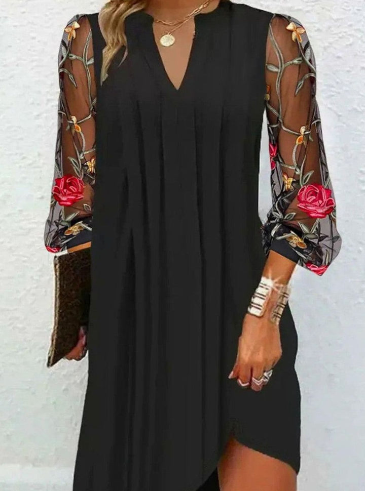 Women's Floral Embroidered Mesh Long Sleeve V-Neck Dress