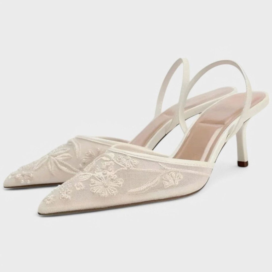 Women's Floral Embroidered Mesh Pointed-Toe Slingback Pumps