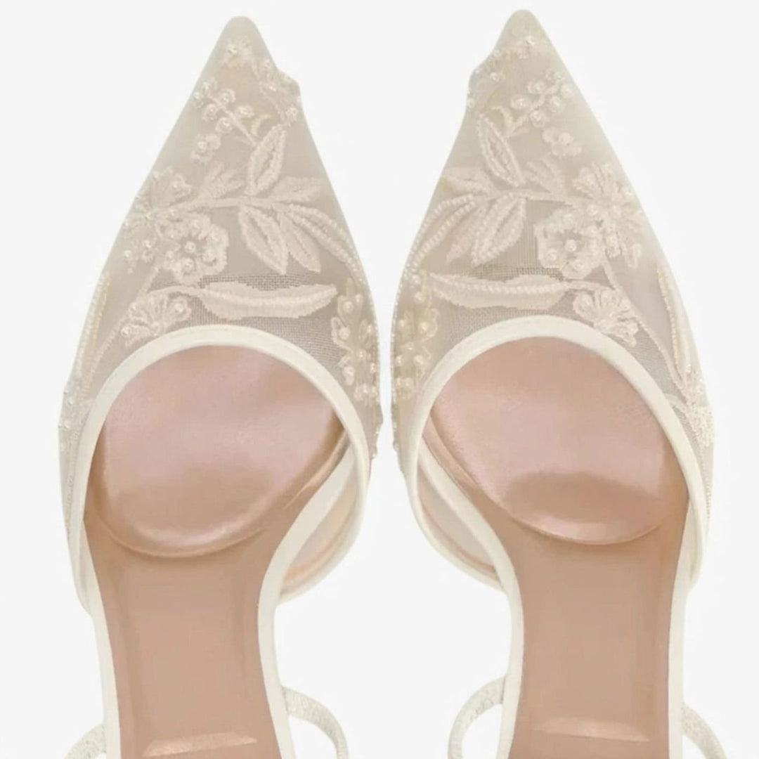 Women's Floral Embroidered Mesh Pointed-Toe Slingback Pumps