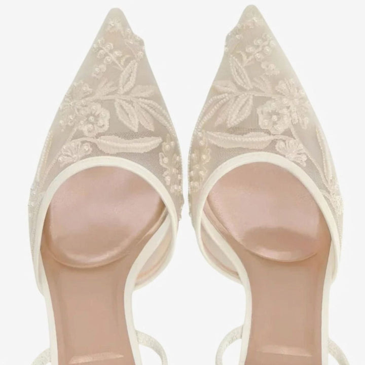 Women's Floral Embroidered Mesh Pointed-Toe Slingback Pumps