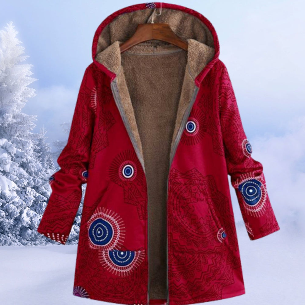 Women's Floral Fleece-Lined Hooded Winter Coat - Pink Red