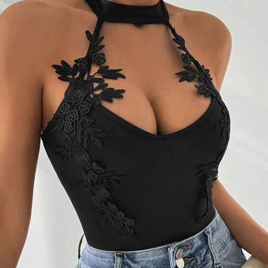 Women's Floral Lace Appliqué Halter Neck Bodysuit