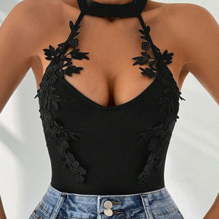 Women's Floral Lace Appliqué Halter Neck Bodysuit