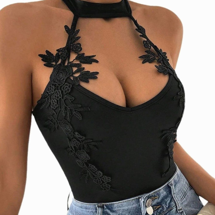 Women's Floral Lace Appliqué Halter Neck Bodysuit