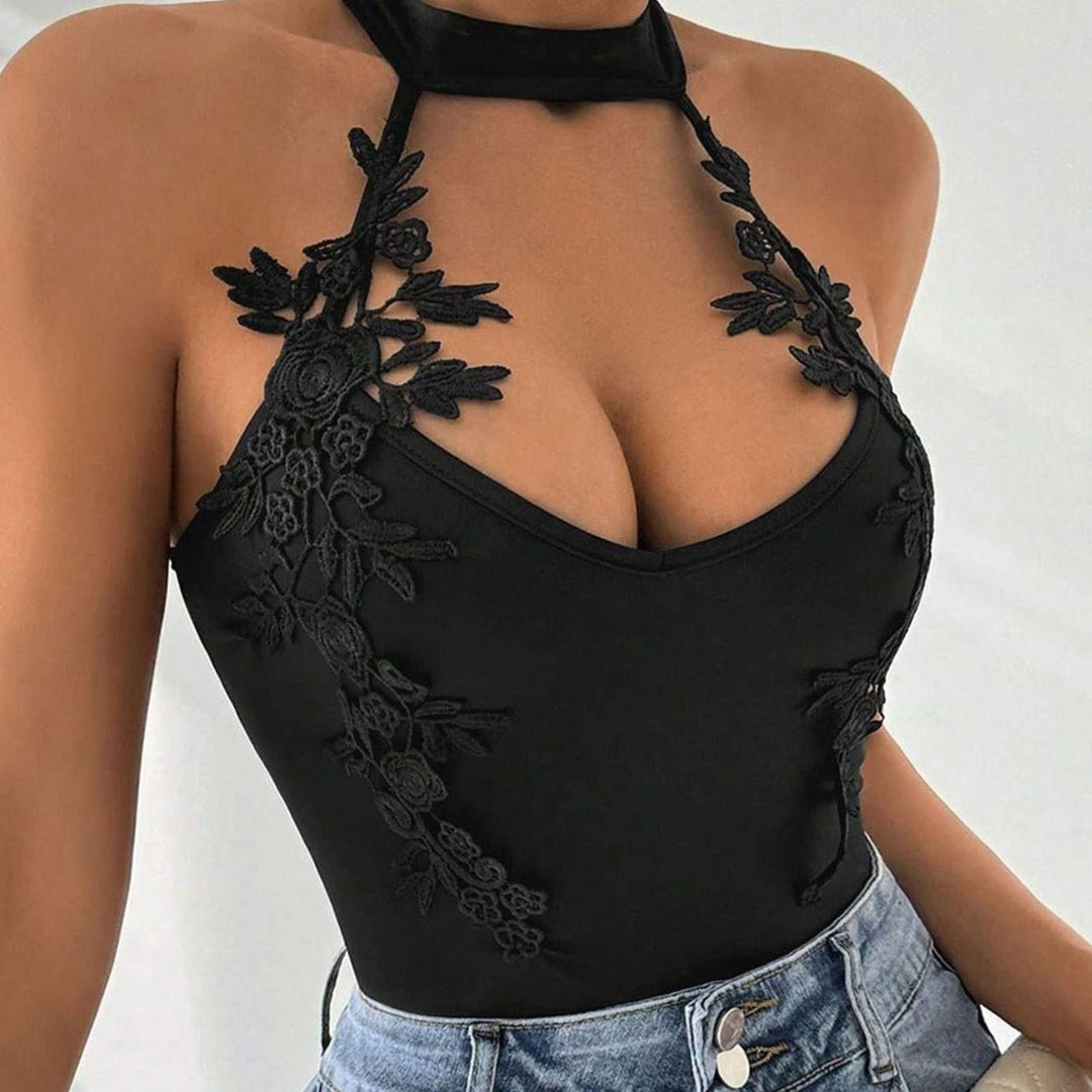 Women's Floral Lace Appliqué Halter Neck Bodysuit - Black