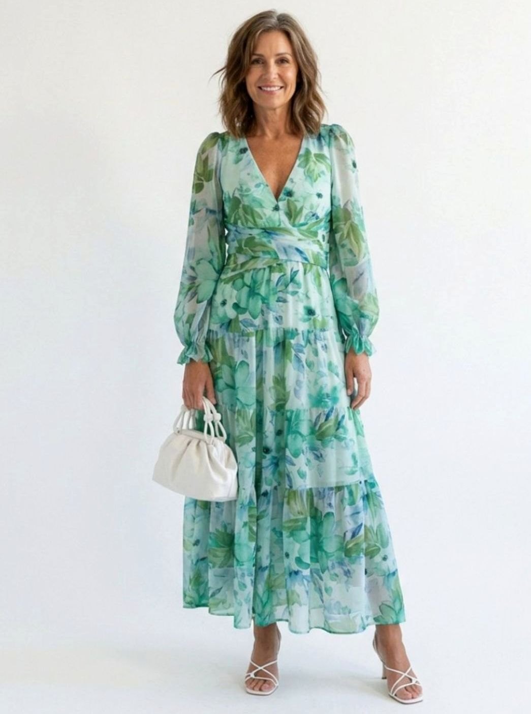 Women's Floral Long Sleeve Chiffon Maxi Dress V-Neck Tiered