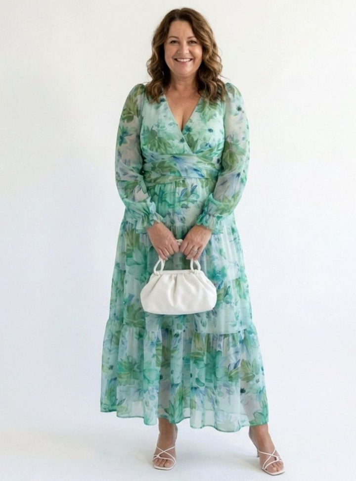 Women's Floral Long Sleeve Chiffon Tiered Maxi Dress