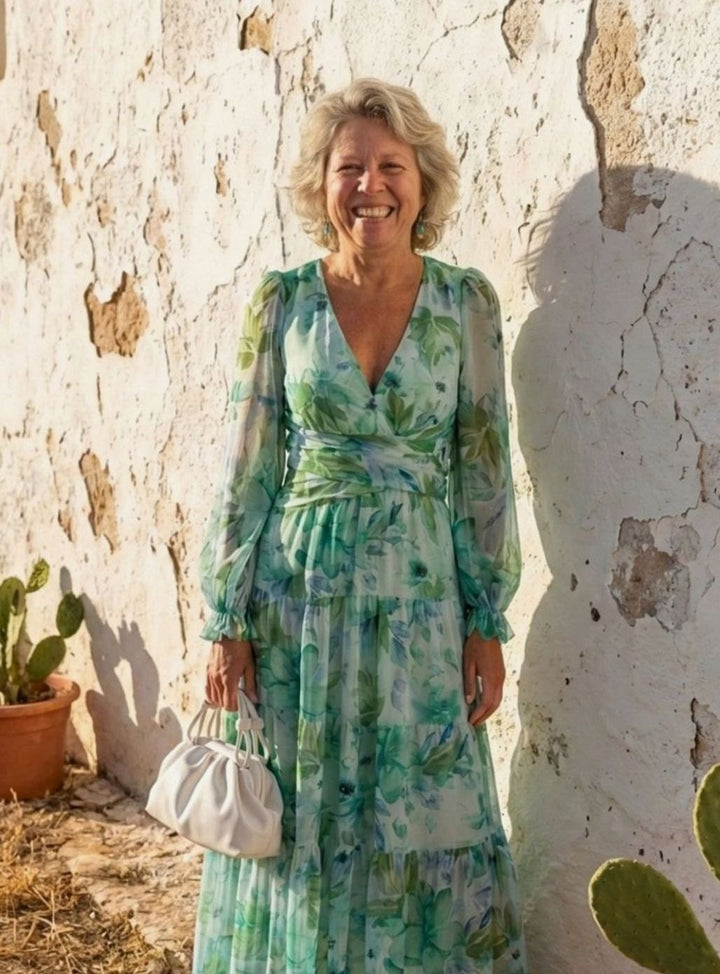 Women's Floral Long Sleeve Chiffon Tiered Maxi Dress