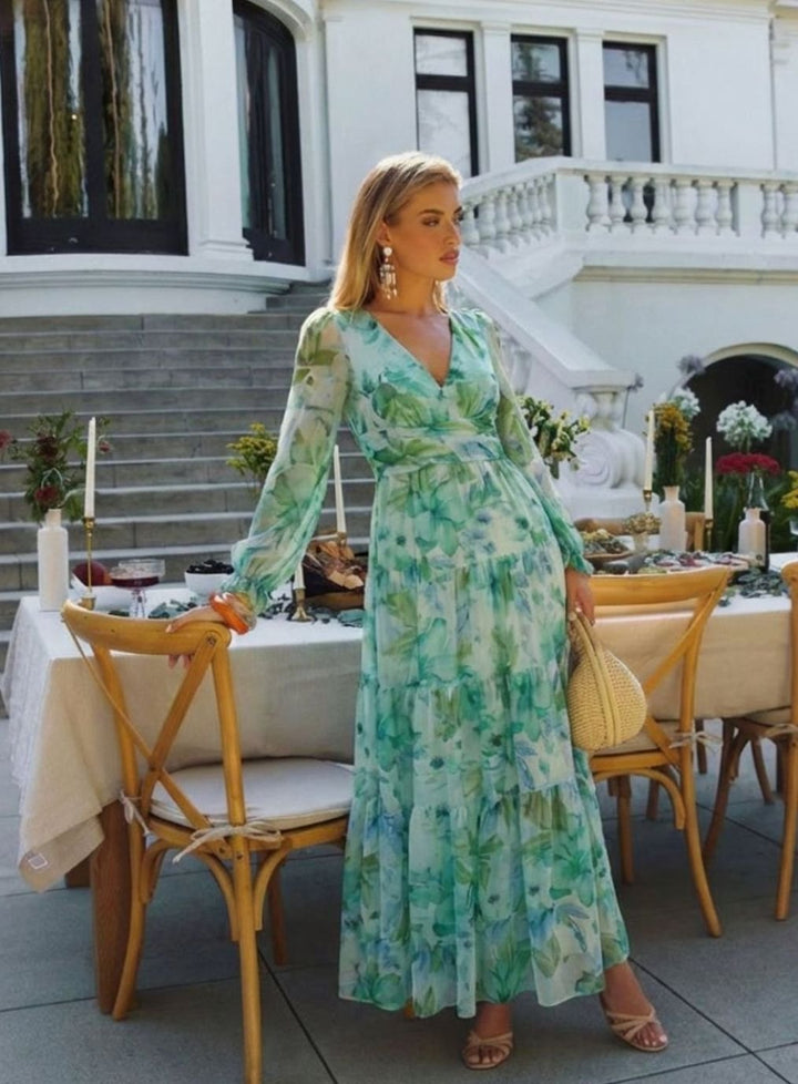 Women's Floral Long Sleeve Chiffon Tiered Maxi Dress