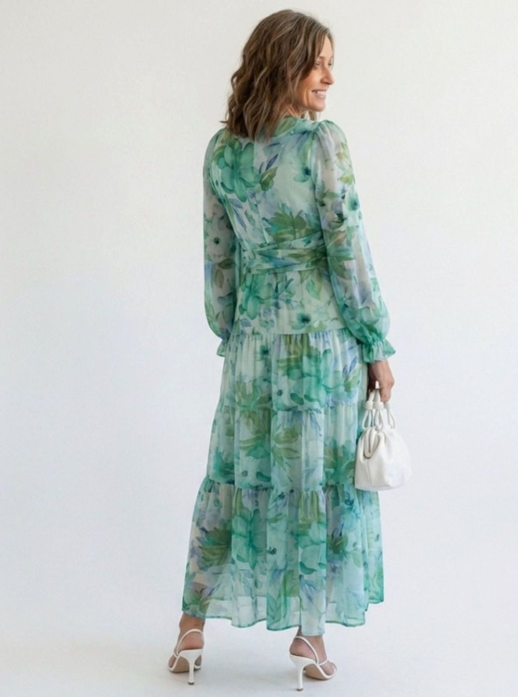 Women's Floral Long Sleeve Chiffon Tiered Maxi Dress
