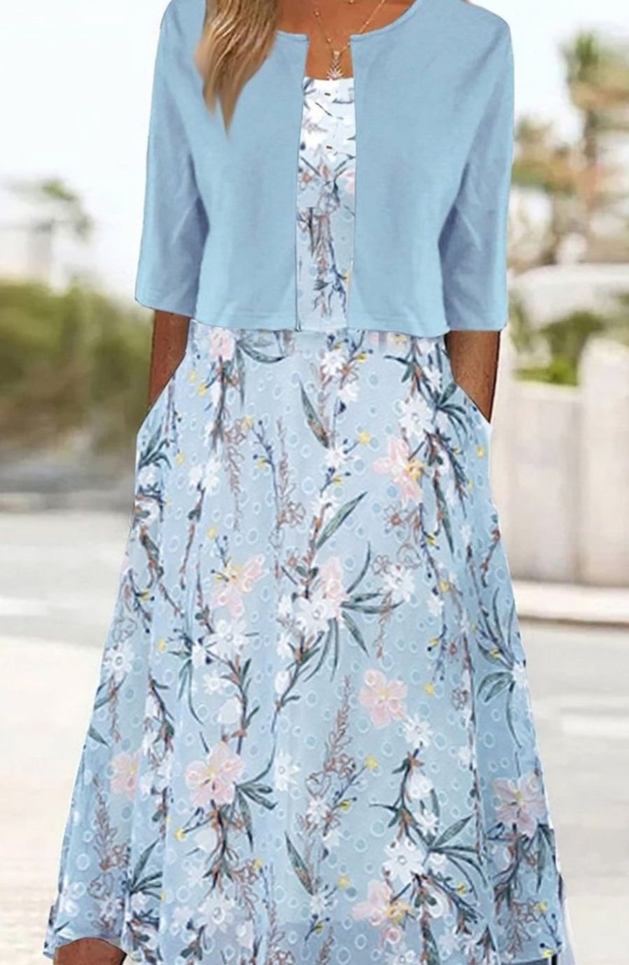 Women's Floral Midi Dress Cropped Cardigan Two-Piece Set, Sky Blue