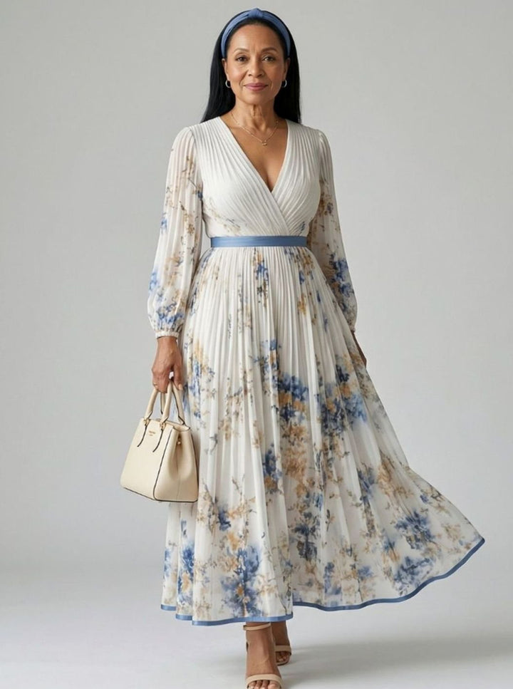 Women's Floral Pleated Wrap V-Neck Long Sleeve Midi Dress