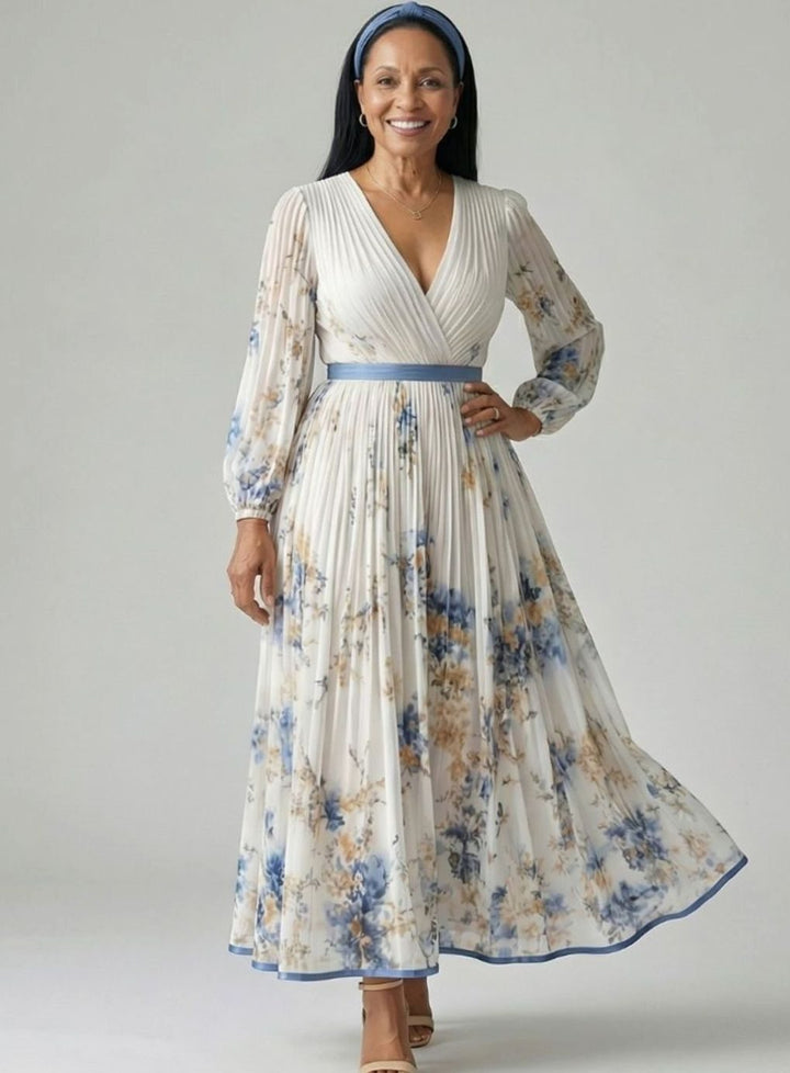 Women's Floral Pleated Wrap V-Neck Long Sleeve Midi Dress