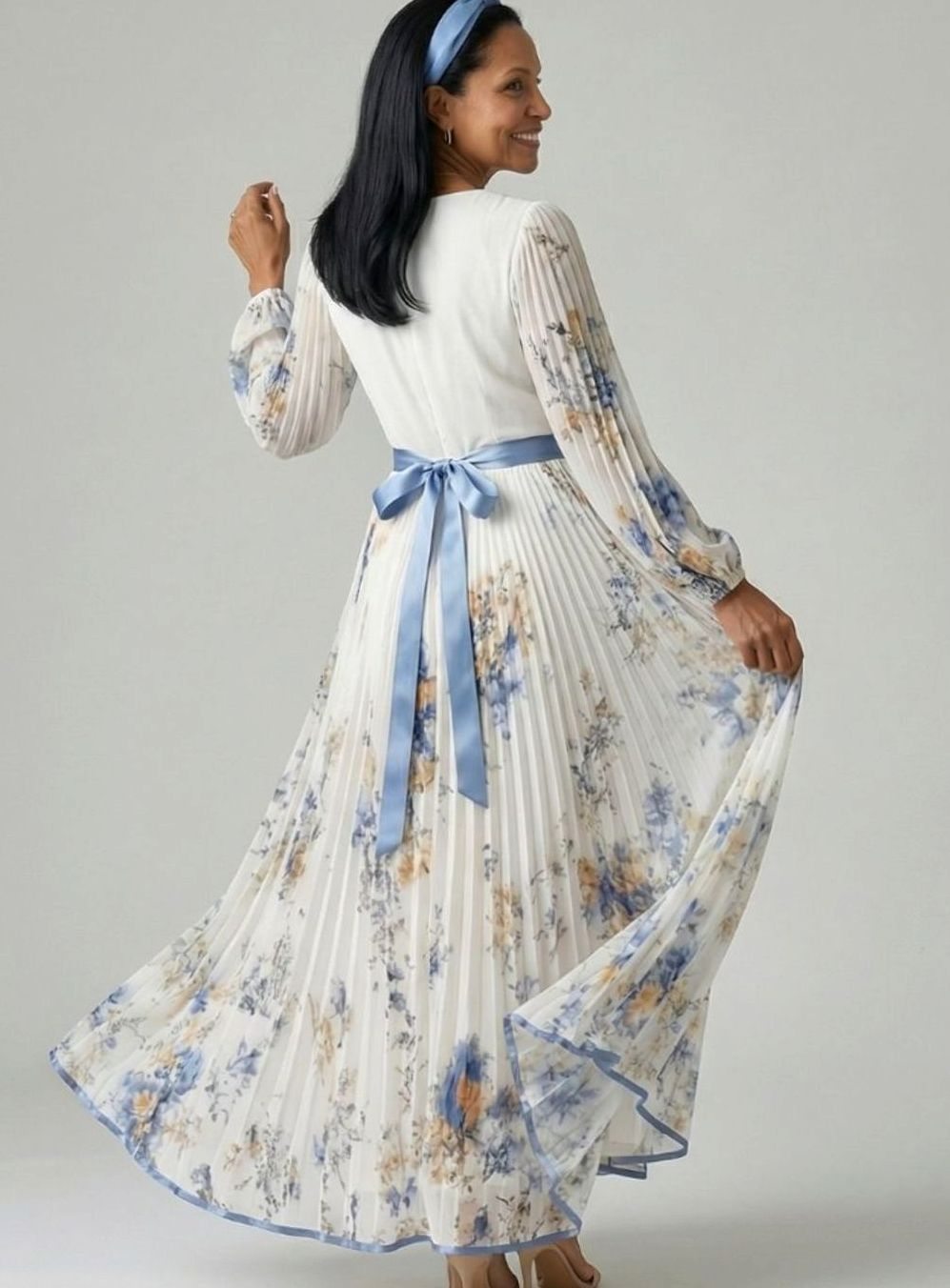 Women's Floral Pleated Wrap V-Neck Long Sleeve Midi Dress