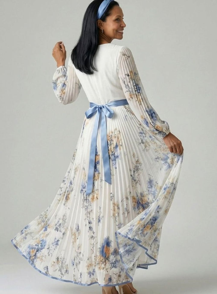 Women's Floral Pleated Wrap V-Neck Long Sleeve Midi Dress