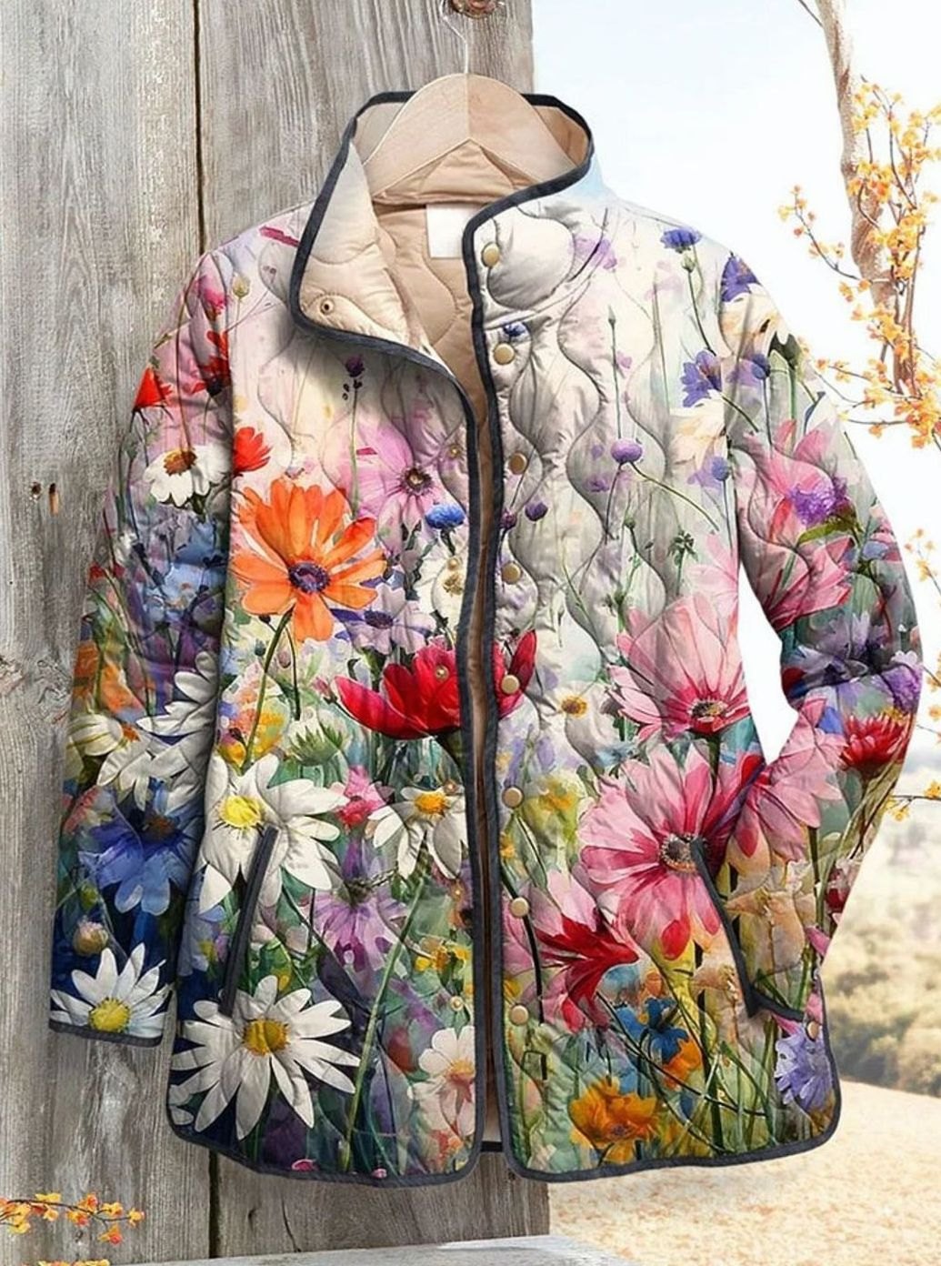 Women's Floral Print Quilted Relaxed-Fit Jacket - Multicolour