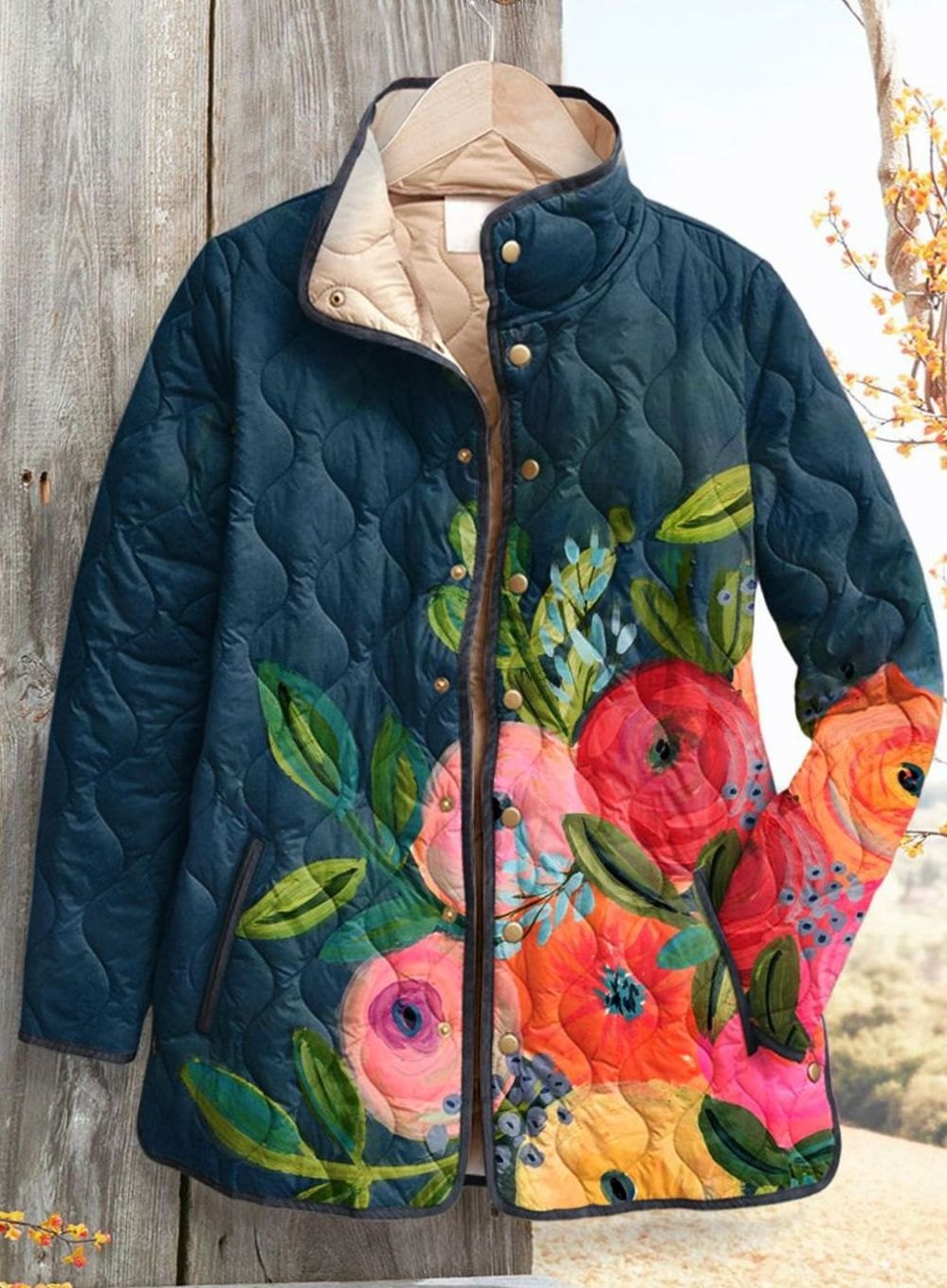 Women's Floral Print Quilted Relaxed-Fit Snap-Front Jacket - Multicolour