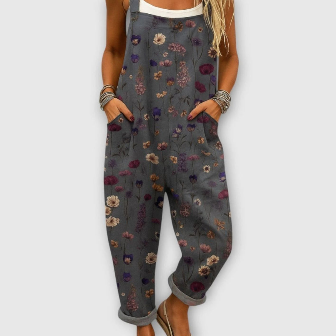 Women's Floral Print Relaxed-Fit Dungaree Jumpsuit - Black