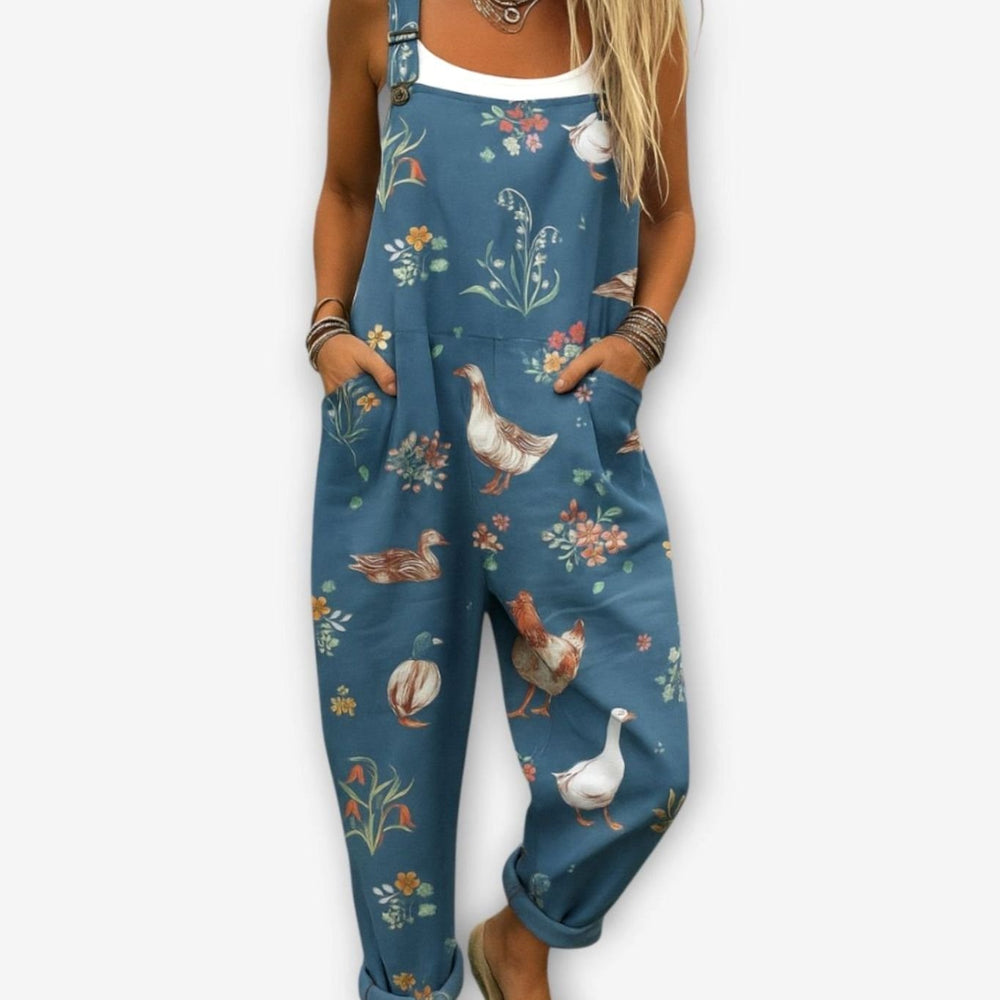 Women's Floral Print Relaxed-Fit Dungaree Jumpsuit - Blue