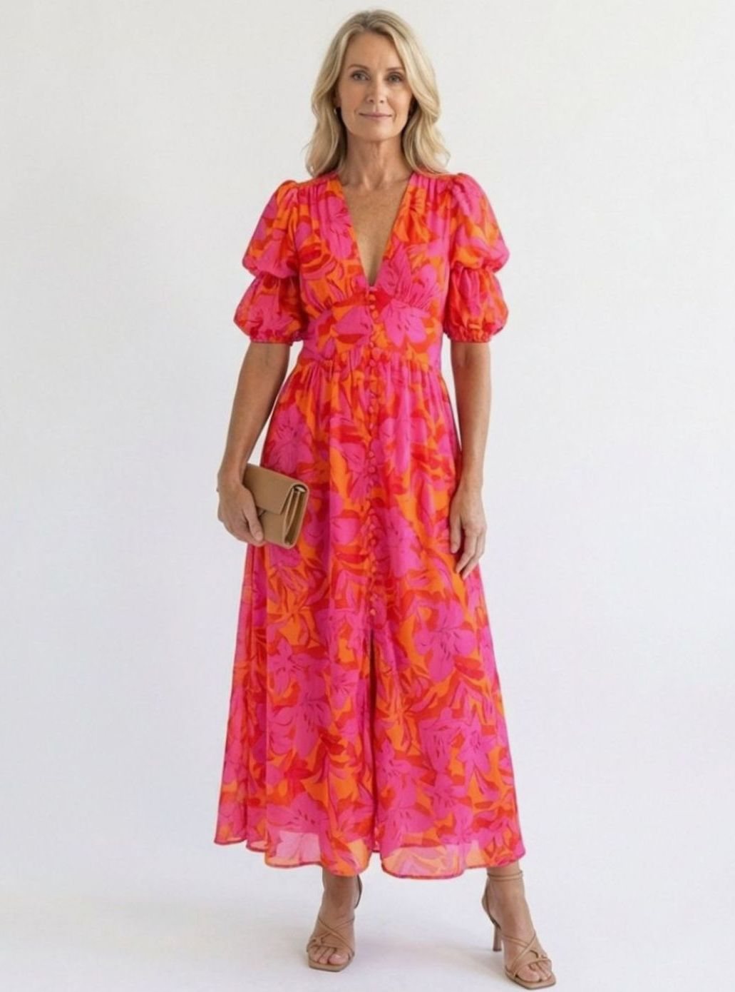 Women's Floral Puff Sleeve V-Neck Midi Dress, Pink