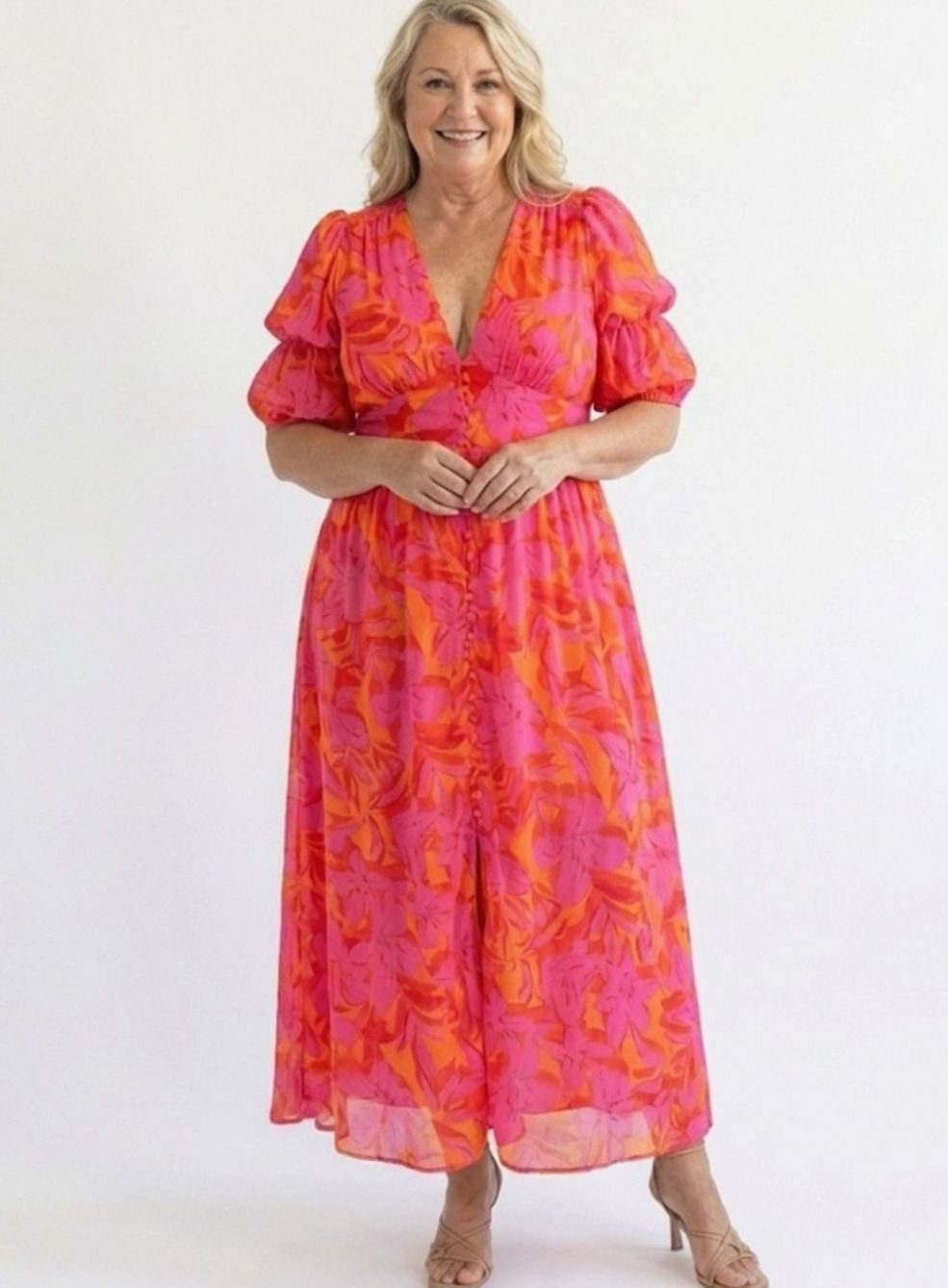 Women's Floral Puff Sleeve V-Neck Midi Dress, Pink