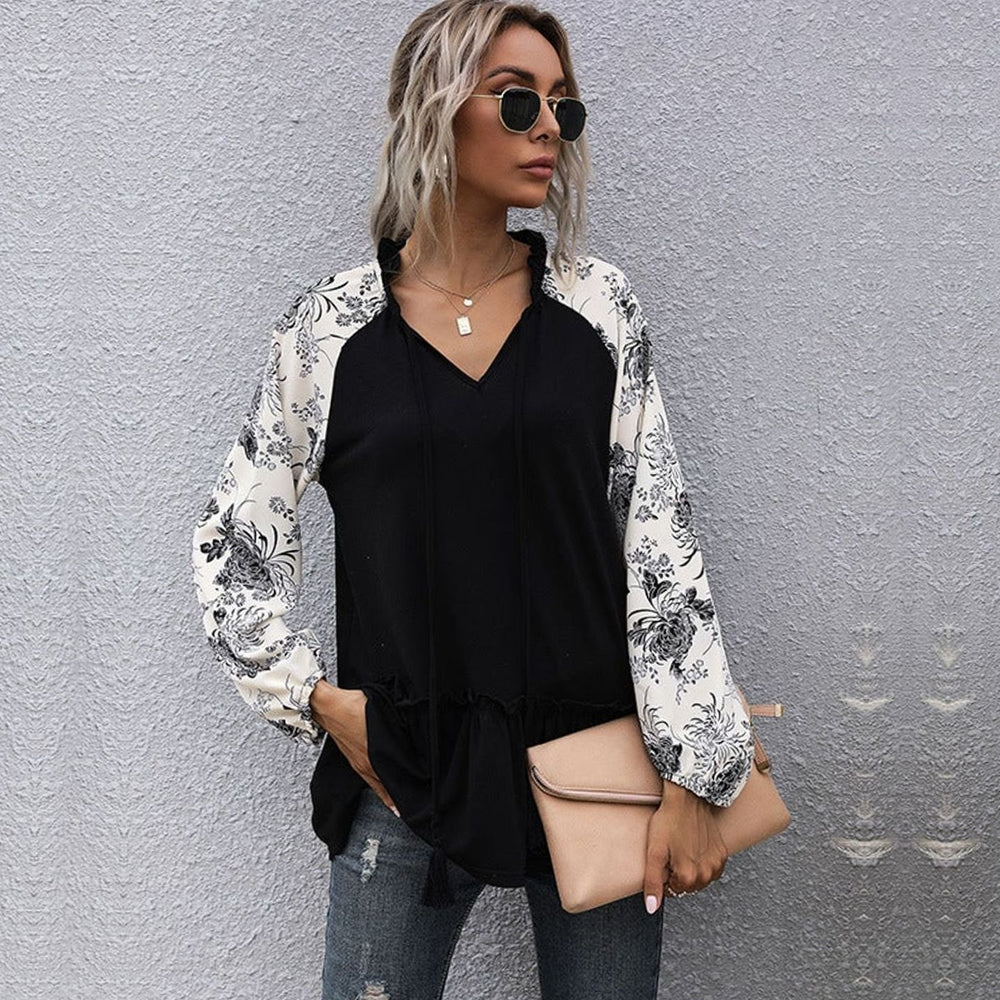 Women's Floral Raglan Peplum V-Neck Long-Sleeve Top
