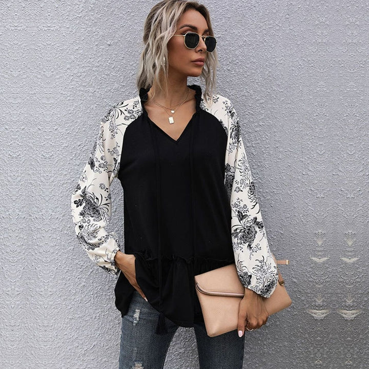 Women's Floral Raglan Peplum V-Neck Long-Sleeve Top