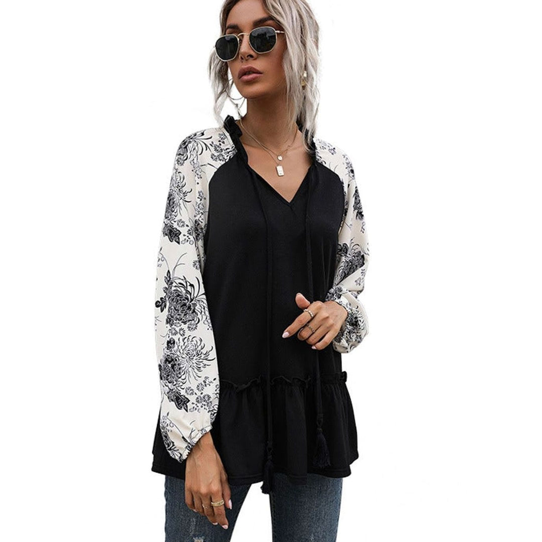 Women's Floral Raglan Peplum V-Neck Long-Sleeve Top