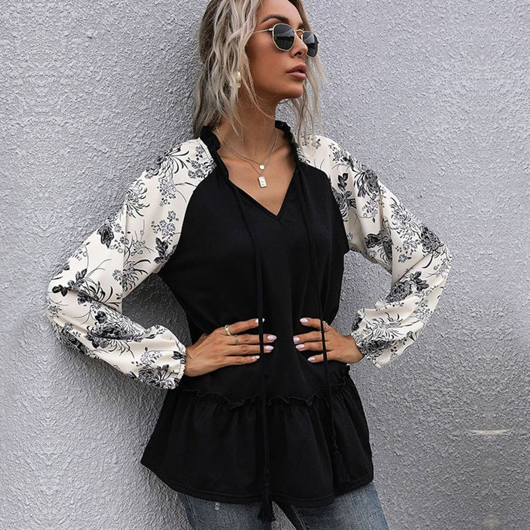 Women's Floral Raglan Peplum V-Neck Long-Sleeve Top - Black