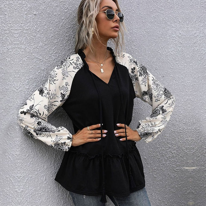 Women's Floral Raglan Peplum V-Neck Long-Sleeve Top - Black