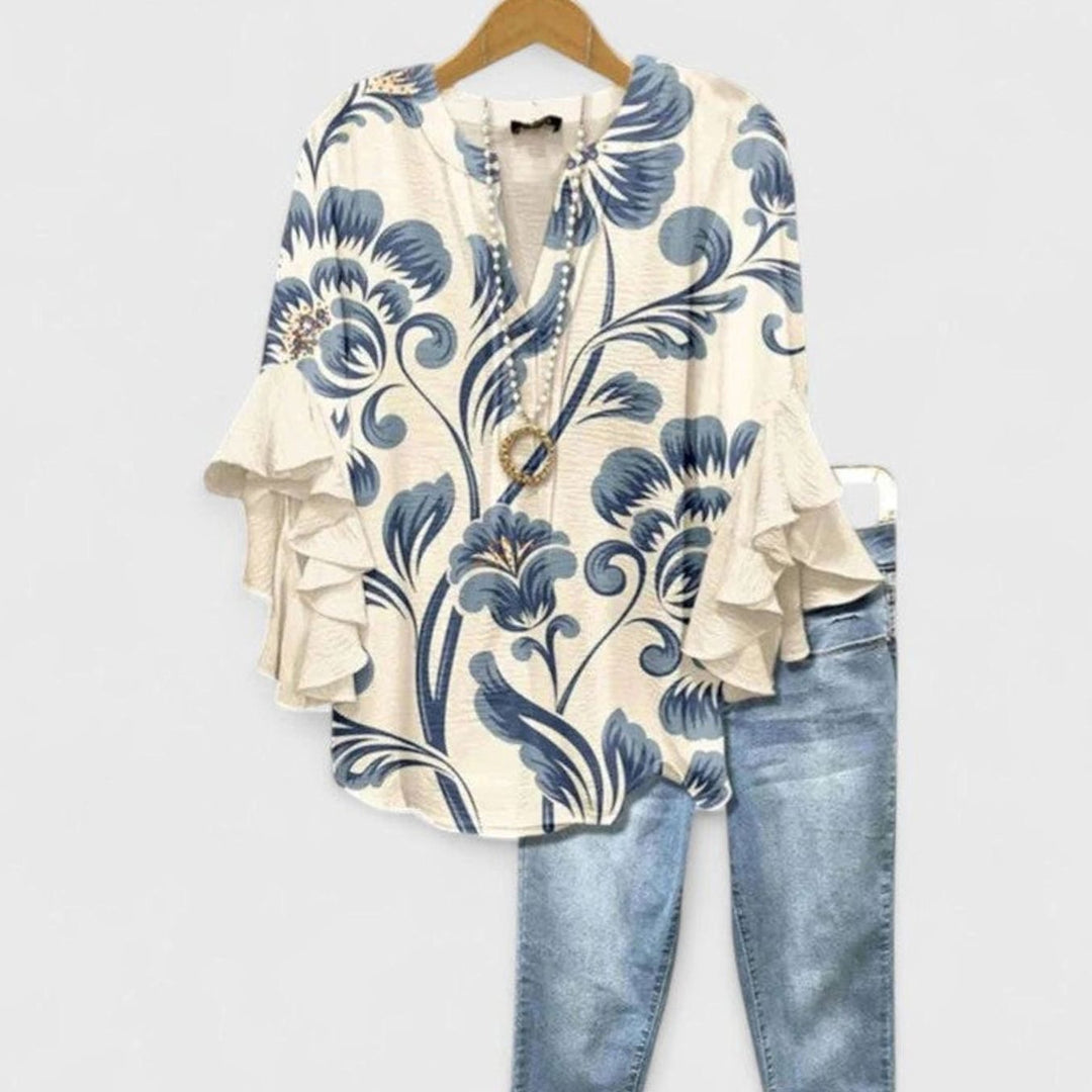Women's Floral Ruffle-Sleeve Relaxed V-Neck Blouse - White Blue