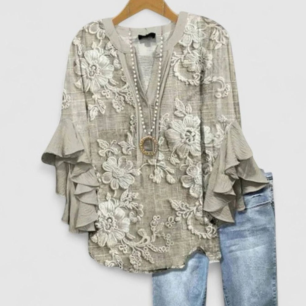 Women's Floral Ruffle-Sleeve Relaxed V-Neck Blouse - Light Brown