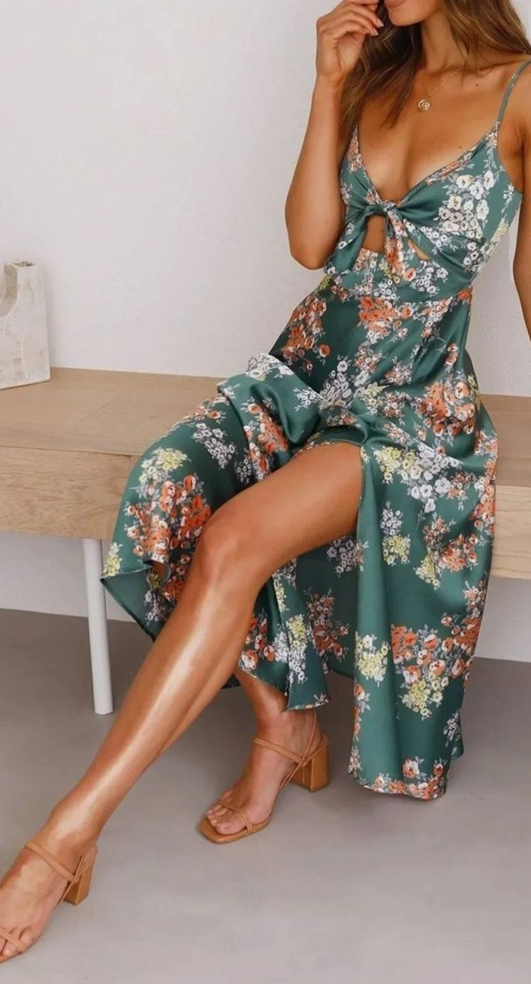 Women's Floral Satin Bow-Front V-Neck Midi Dress