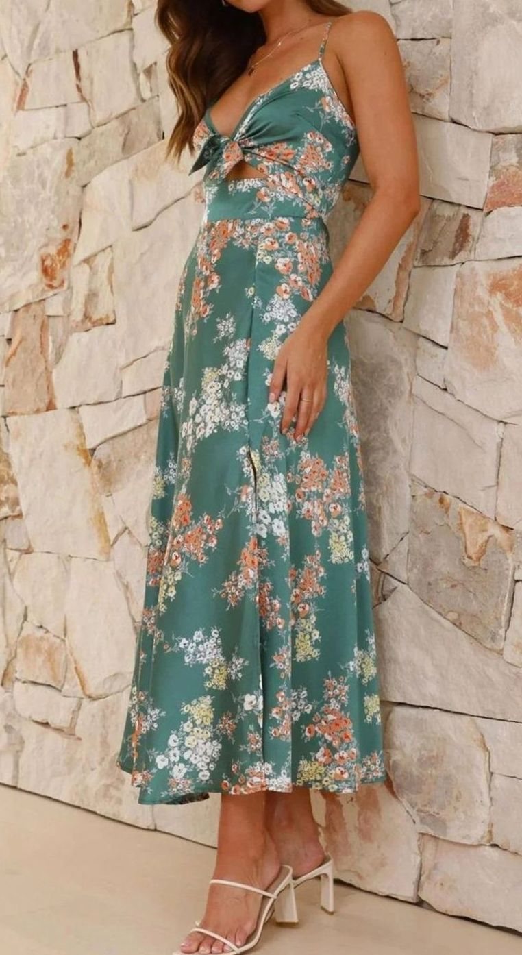 Women's Floral Satin Bow-Front V-Neck Midi Dress