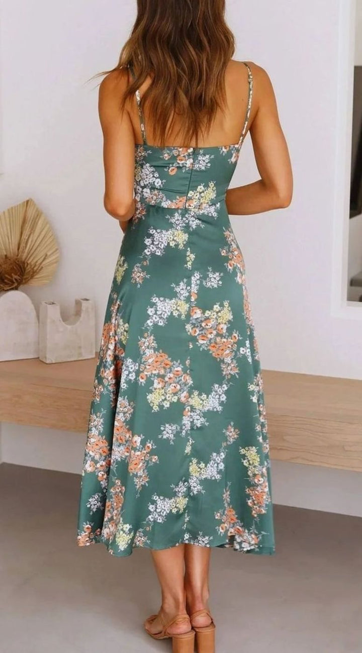 Women's Floral Satin Tie-Front V-Neck Midi Dress