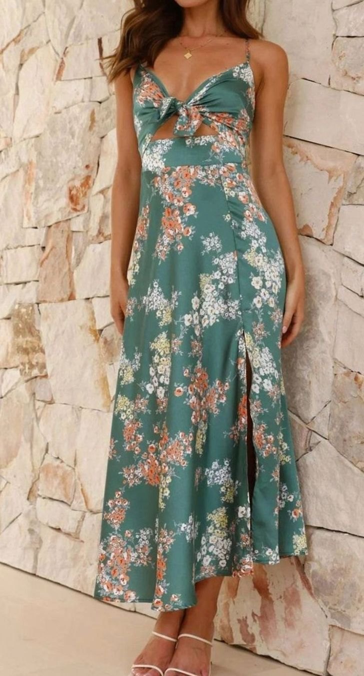 Women's Floral Satin Tie-Front V-Neck Midi Dress