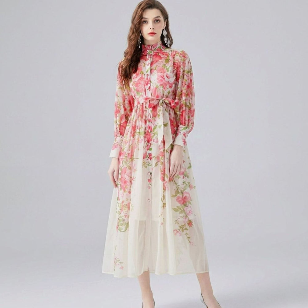 Women's Floral Sheer Button-Front Tie-Waist Maxi Dress