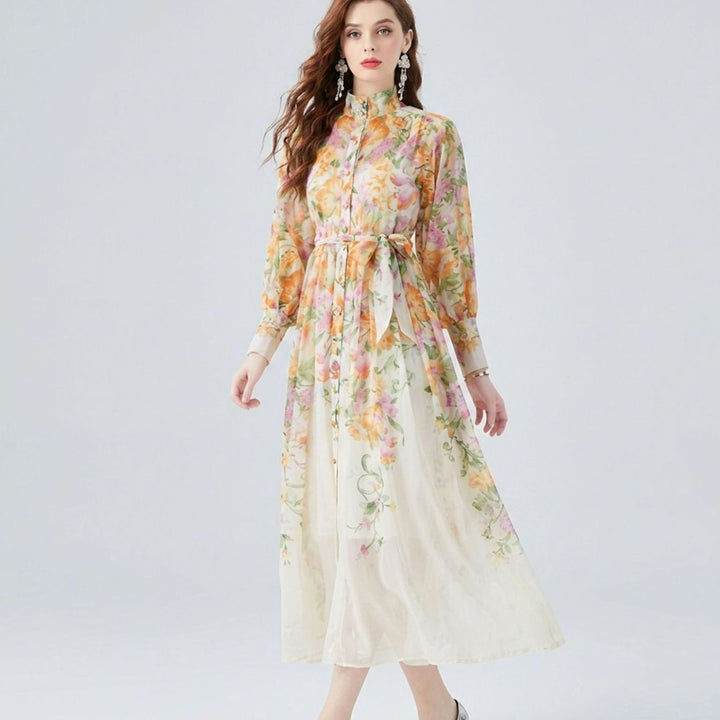 Women's Floral Sheer Button-Front Tie-Waist Maxi Dress, Cream