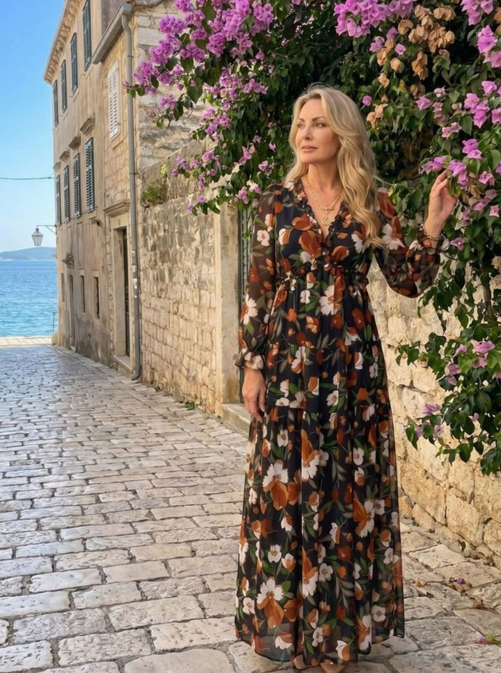 Women's Floral Tiered Long-Sleeve V-Neck Maxi Dress, Pink