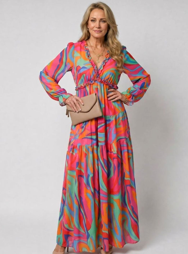 Women's Floral Tiered Long-Sleeve V-Neck Maxi Dress, Pink