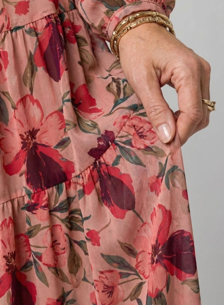 Women's Floral Tiered Long-Sleeve V-Neck Maxi Dress, Pink