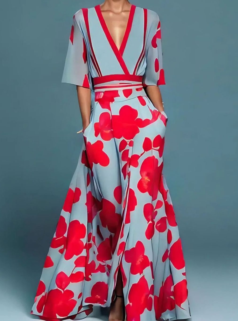 Women's Floral V-Neck Half-Sleeve Maxi Dress - Red