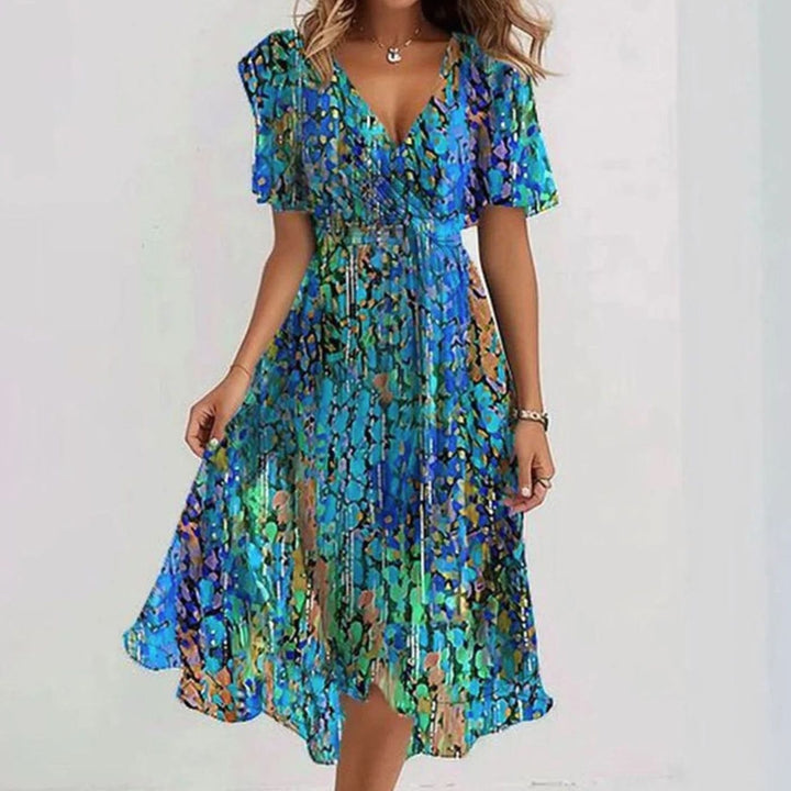 Women's Floral V-Neck Puff Sleeve Asymmetric Midi Dress - Blue