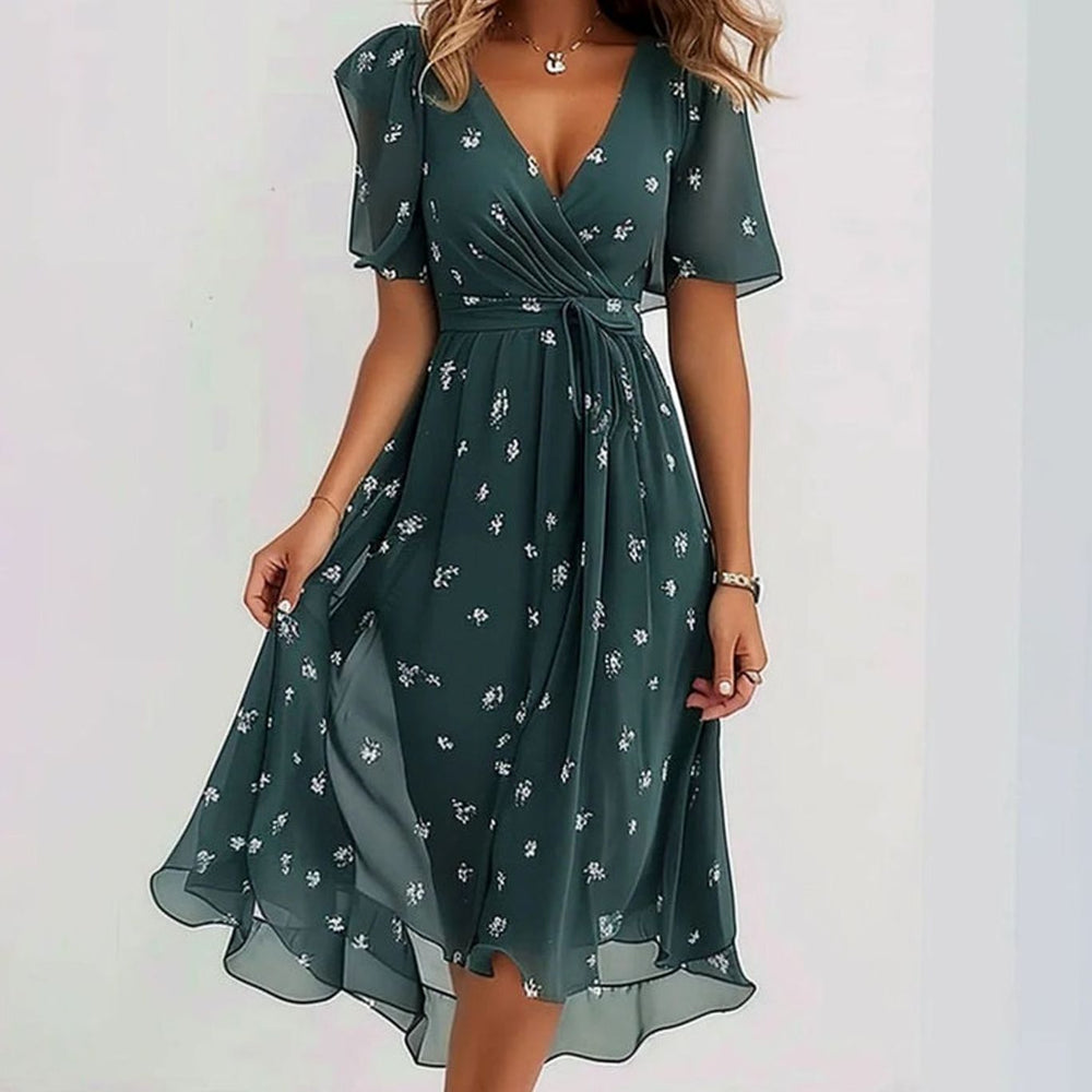 Women's Floral V-Neck Puff Sleeve Asymmetric Midi Dress - Green